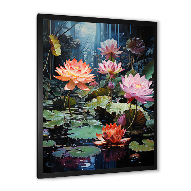 Japon Art Lotus Pond - impressions sur toile florales, Cadre photo noir, H 32 po x l 24 po x P 1 po