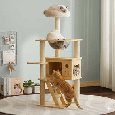 Tour pour chat contemporaine de 48,8 pouces de hauteur, fabriquée en bois, poteaux à griffes enveloppés de sisal, perchoir supérieur et hamac en acrylique, pouvant accueillir de petits et de grands félins d'intérieur