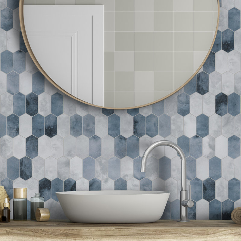 Carreau de mosaïque hexagonal en pierre composite l 11,5 po x L 12 po, Bleu