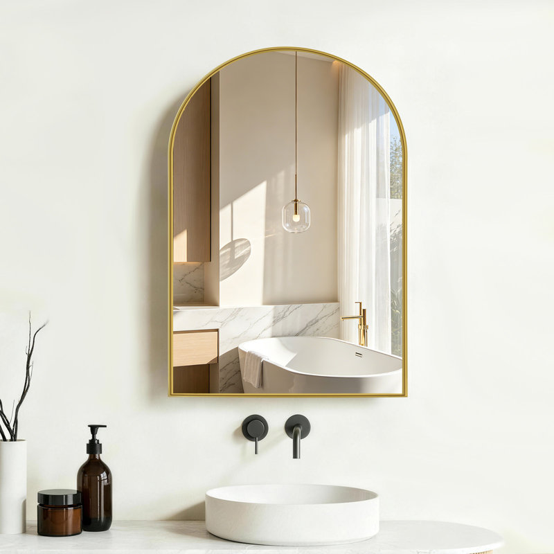 Arched Medicine Cabinet with Mirror & Adjustable Shelf, Surface or Recess Mounted Farmhouse Bathroom Cabinets with Gold Frame Bathroom Vanity Mirror
