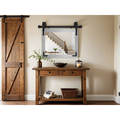 Modern Rustic Mirror with Steel Barn Door Track and Decorative Metal Corner Brackets
