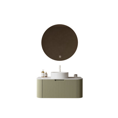 Meuble-lavabo flottant avec lavabo en céramique, plateau en pierre frittée, armoire en contreplaqué, tiroir à fermeture en douceur et finition rayée 3D vert clair.