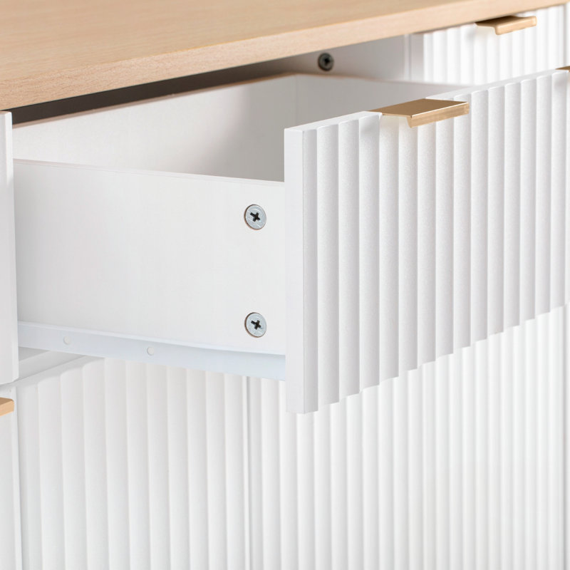 Îlot de cuisine cannelé avec abattant, prise électrique, 4 portes et 3 tiroirs, White