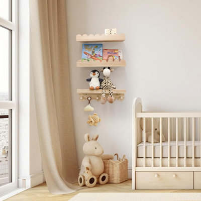 Tablette festonnée 2026 avec crochets | Tablettes flottantes en pin naturel |  Pour les livres, jouets et décorations pour enfants