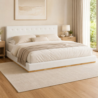Modern King Upholstered Bed with Tufted Headboard, Platform Bed Frame with Solid Rubber Wood Support, Noise-Free Design, White