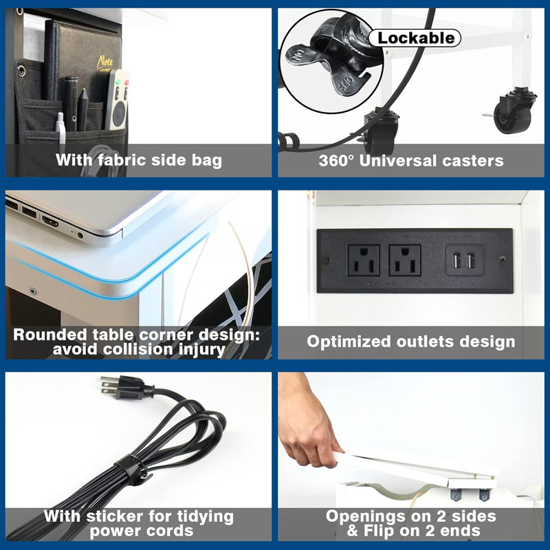 Table d'appoint roulante avec ports et prises USB, table de chevet rabattable avec station de charge et tablettes de rangement cachées, table de bout étroite avec roulettes pour les petits espaces de la chambre à coucher du salon