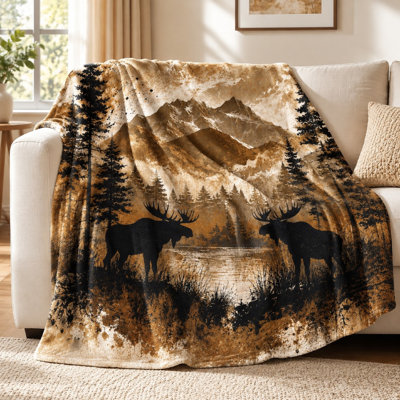 1Pcs Moose Print Fleece Blanket - Rustic Woodland Design;Cozy and Warm for Home DecorPerfect Living Room BedroomIdeal Outdoor Adventures like Camping HikingA Thoughtful Gift Nature Lovers. Bedding and sofa items