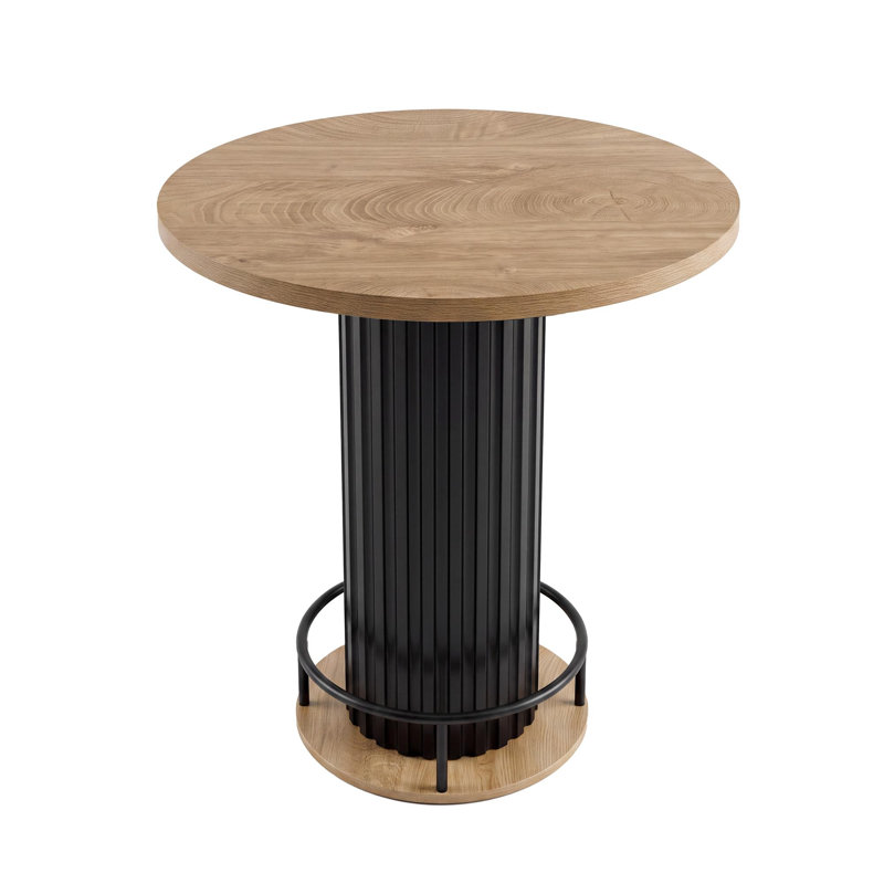 Table de bar ronde avec piètement ondulé en fer et repose-pieds, table haute de style bistro pour petits espaces, chêne