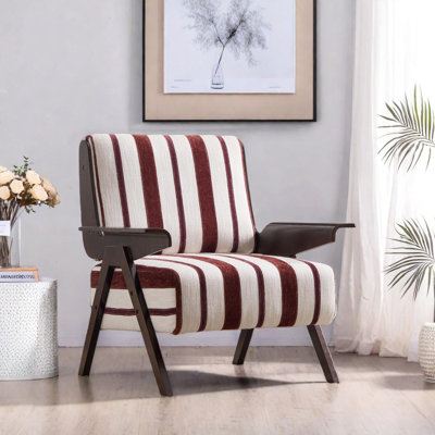 Modern Striped Upholstered Armchair with Solid Wood Legs and Wide Armrests for Living Room or Bedroom