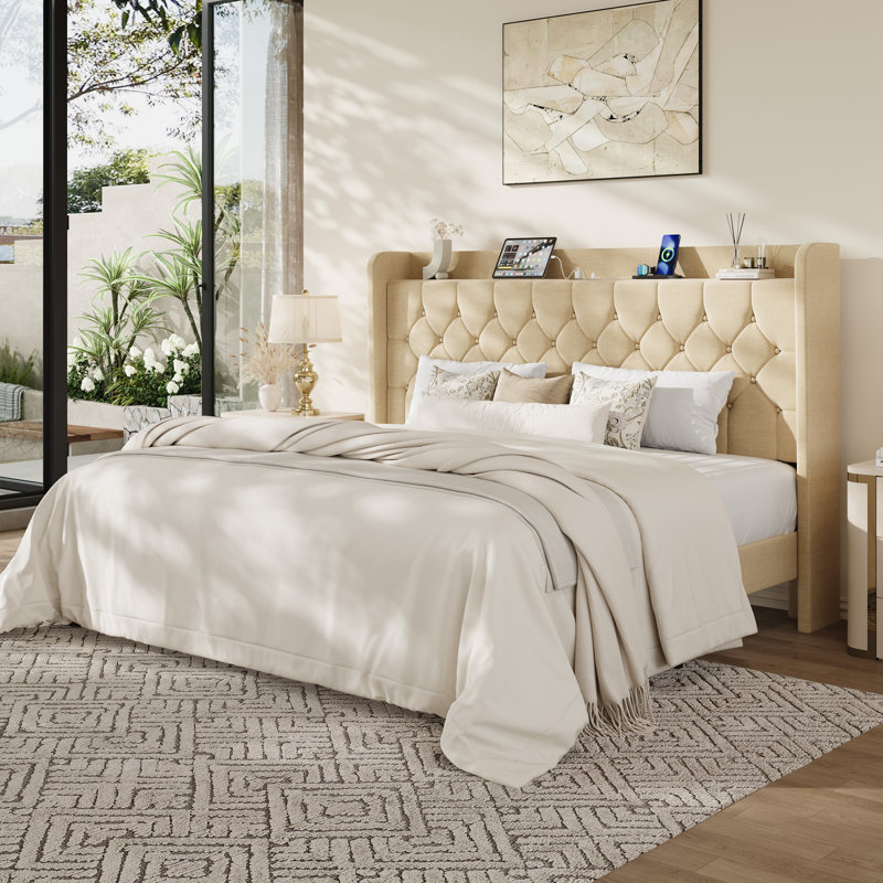 Base de lit rembourrée en lin avec tête de lit et station de charge, Très grand lit, Beige