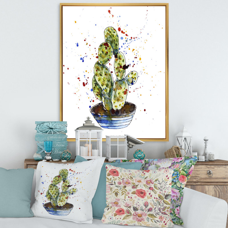 Cactus Houseplant - reproduction sur toile avec cadre flottant, H 32 po x l 24 po x P 1 po, Encadrement doré