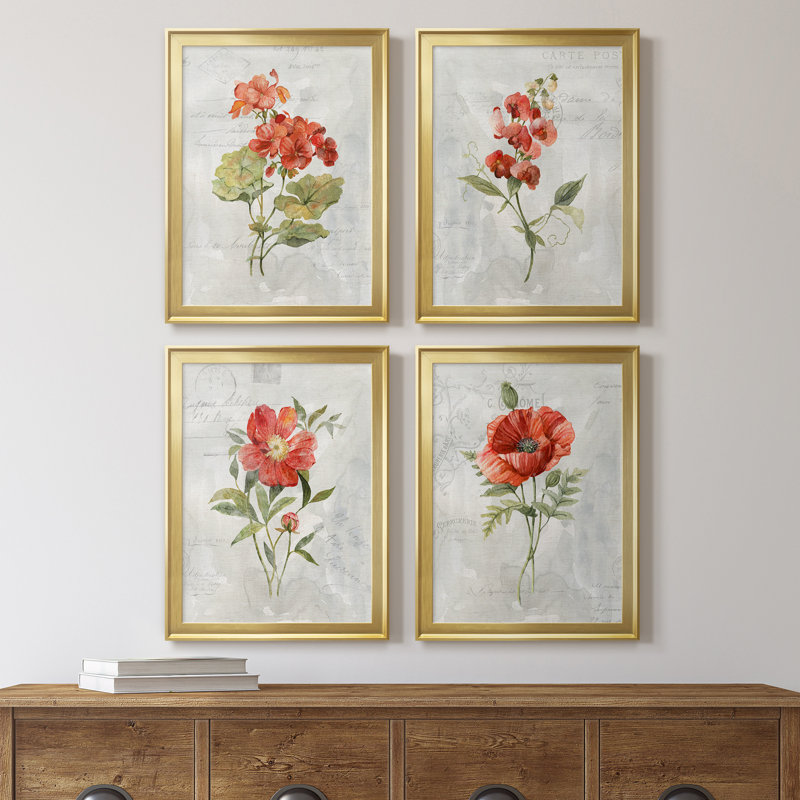 Lin géranium - ensemble de 4 peintures sur toile encadrées, Or, H 30,5 po x l 170 po x P 1,5 po