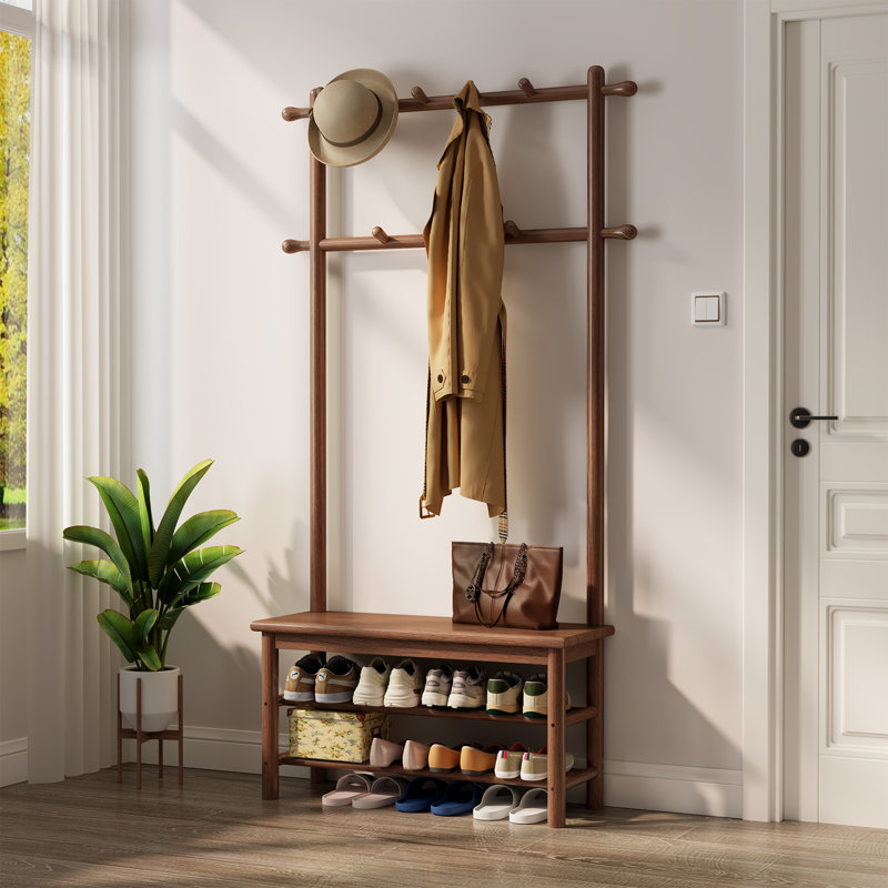 Arbre d'entrée en bois massif avec banc et rangement pour chaussures, avec 11 crochets et étagère à chaussures à deux niveaux