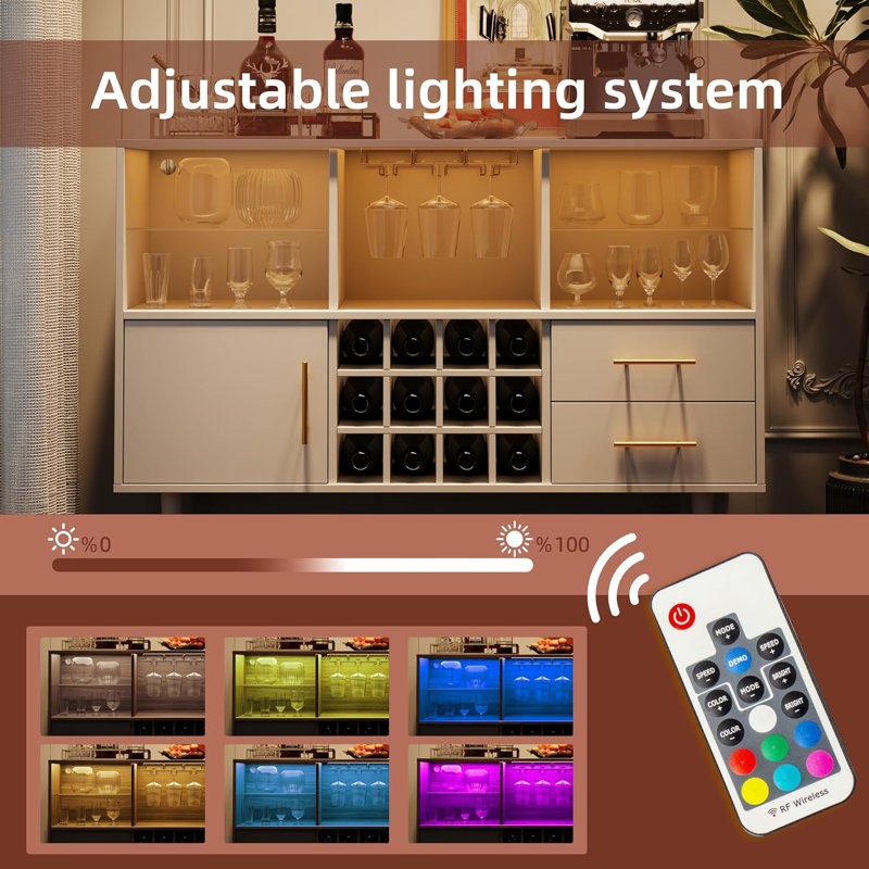 Bar Cabinet and Buffet Table - LED Light Charging Station, Sideboard with Storage