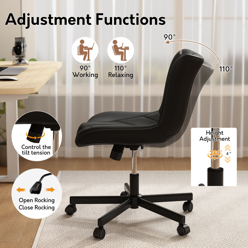 Fauteuil de bureau d'ordinateur sans accoudoirs, fauteuil de bureau ergonomique en cuir à dossier moyen avec roulettes et support lombaire pour la maison