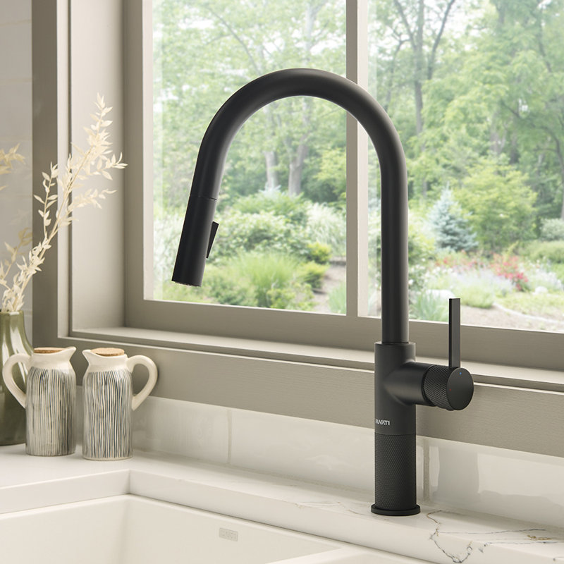 Ruvati Isola Single Handle Pull Down Kitchen Faucet Modern Knurled with Sprayer in Matte Black, Matte