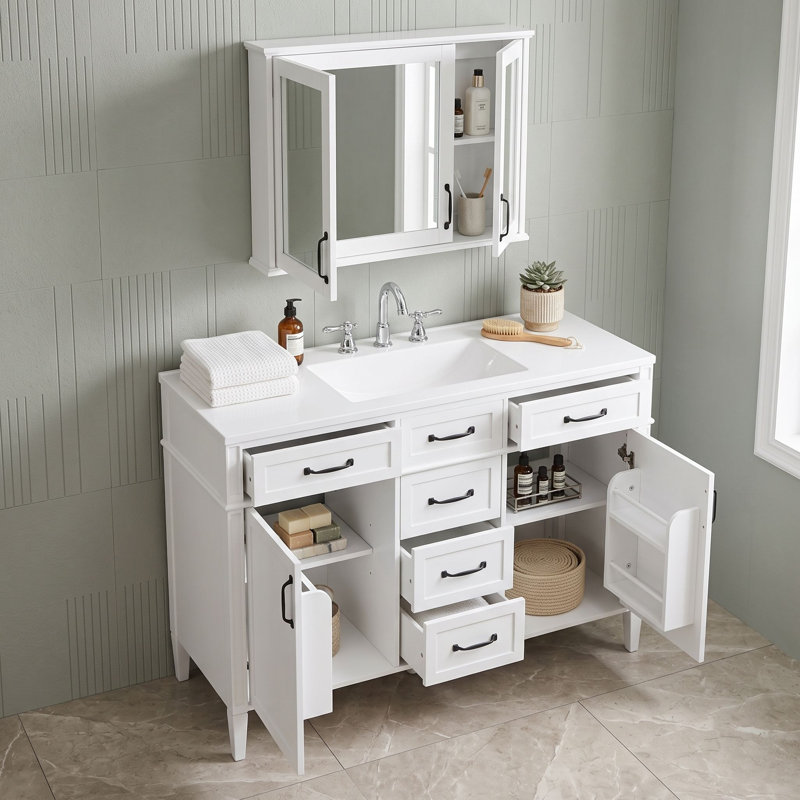 Meuble-lavabo autoportant avec comptoir intégré en composite, tablettes réglables et charnières à fermeture en douceur, White