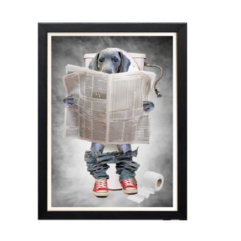 Blue Dachshund Picture - Sausage Dog On Toilet Print - Funny Bathroom Wall Art