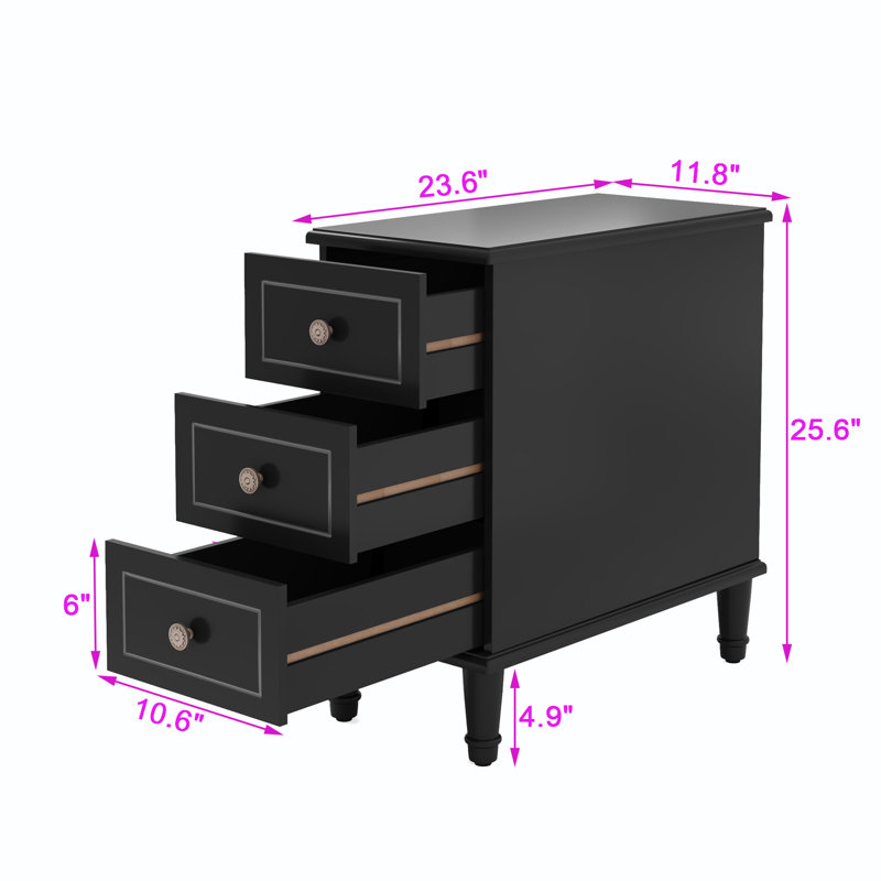 Table de bout en bois massif, table d'appoint étroite entièrement assemblée avec 3 tiroirs, Noir