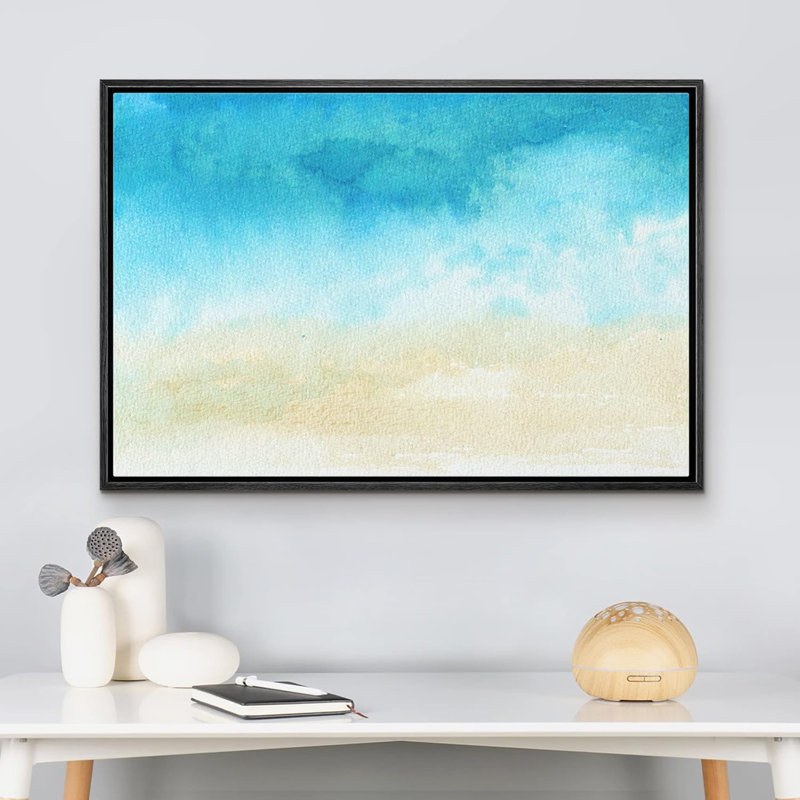 Plage côtière, paysage marin abstrait avec nuages bleus, nature, aquarelle, art moderne, rustique, dramatique