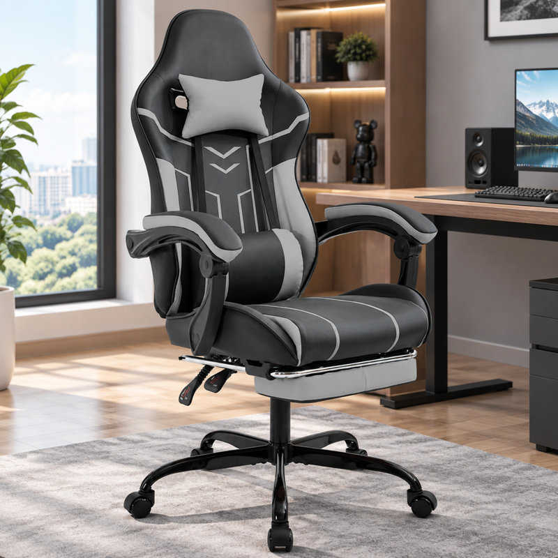 Ebern Designs Gaming Chair with Headrest, Black/Gray