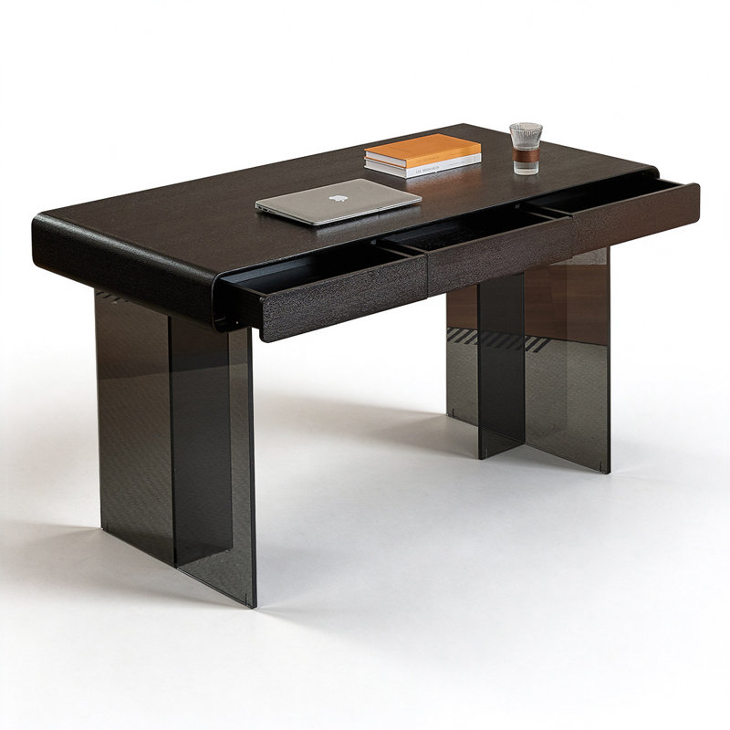 Bureau d'écriture rectangulaire noir avec plateau en placage de bois fumé et base en T en acrylique