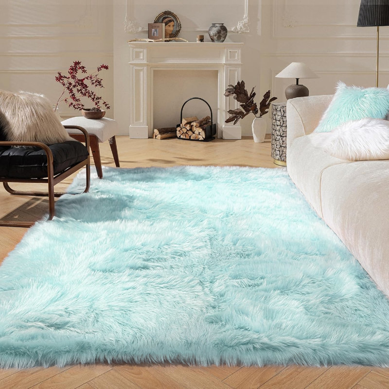 Kevn Light Blue Shag Faux Sheepskin Fur Washable Area Rug, Rectangle 6'6" x 10'