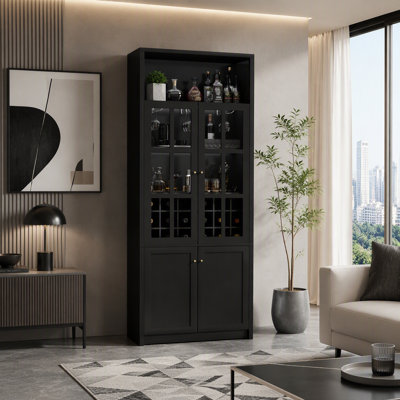 78.7″ Tall Wine Cabinet with Tempered Glass Doors, Black Freestanding Home Bar Furniture with 18-Bottle Grid Rack, Stemware Rack for 9 Wine Glasses, 2-Tier Door Storage Shelves, Adjustable Shelves for Kitchen Dining Room