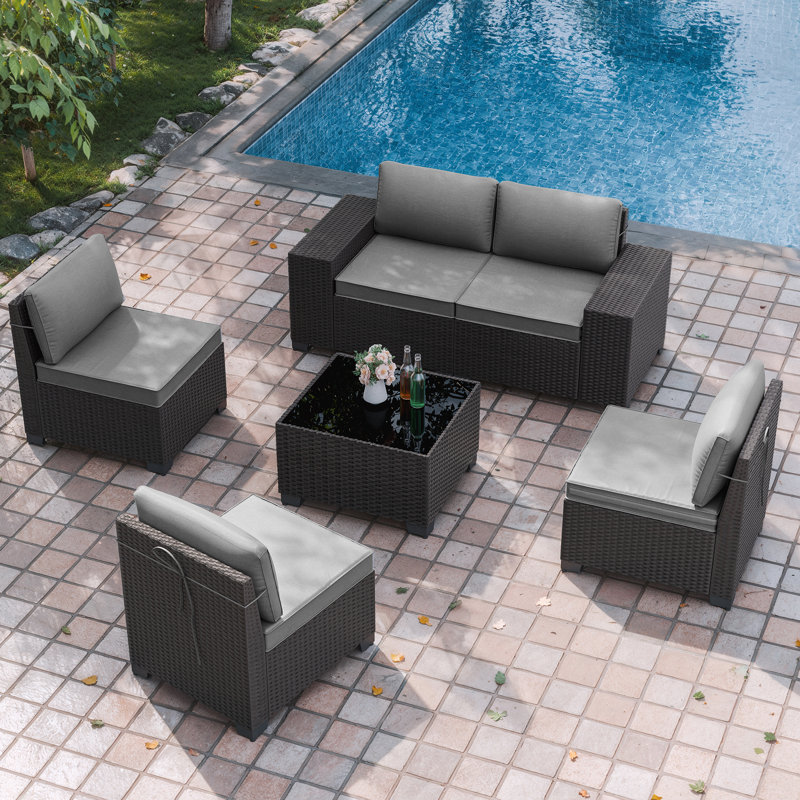 6-Piece All-Weather HDPE Rattan Outdoor Conversation Furniture Set with Cushions, Extra-Wide Armrests & Glass-Top Coffee Table