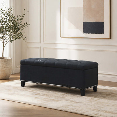 Banc de rangement avec capitonnage à boutons 47,5 pouces, coffre de rangement avec cadre en contreplaqué avec charnière à fermeture douce et garniture cloutée