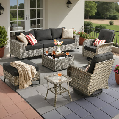 6 - Person Mostly No Assembly Required Patio Furniture Set With Swivel Rocker, Outdoor Wicker Rattan Sectional Seating Group With Cushions, All Weathe