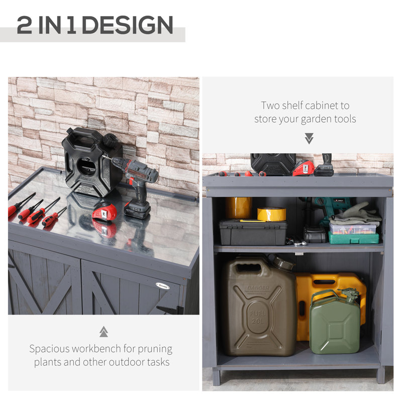 Rangement extérieur avec dessus galvanisé - armoire grise pour outils de jardin, pelles et taille-haies