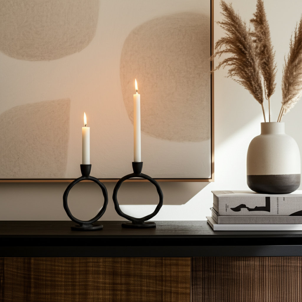 Sagebrook Home Hayslett Aluminum Metal Ring Taper Candle Holder - Elegance for Your Space, Black, 7" H x 6" W x 4" D