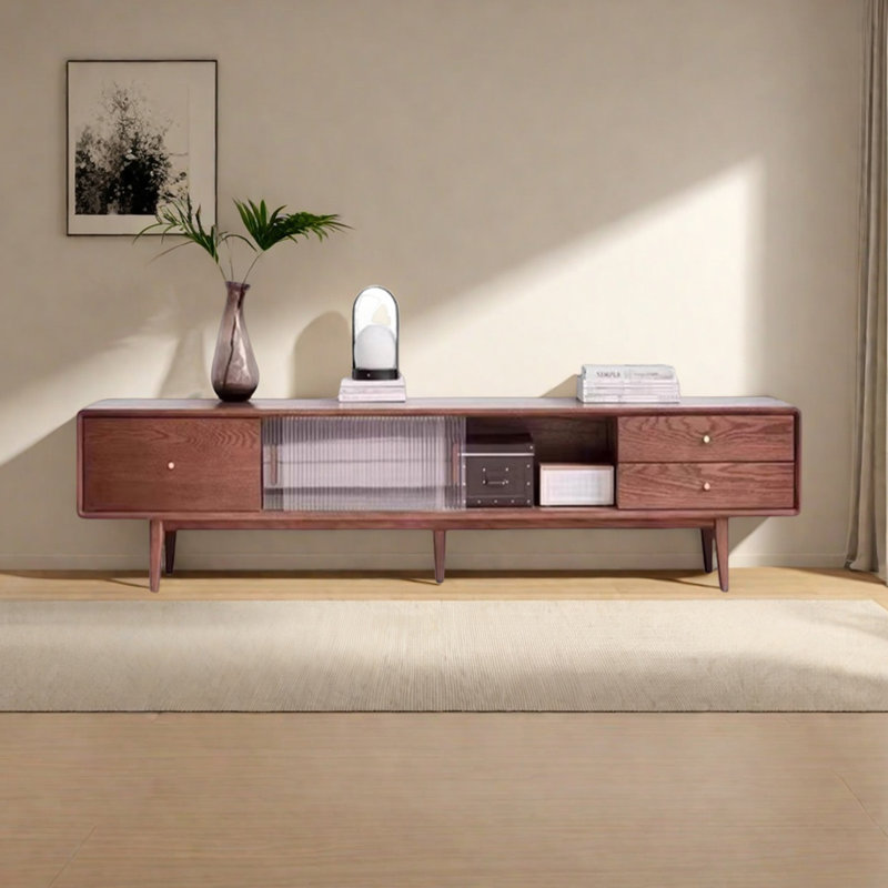 Meuble télé en chêne avec portes coulissantes en verre nervuré, H 17,71 po x L 86,61 po x l 13,78 po