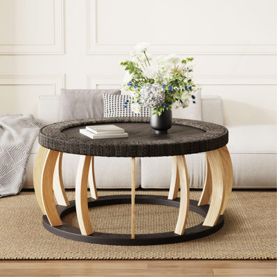 Table basse ronde en bois massif de 35,43 po avec pieds courbés et table d'appoint Boho pour la salle à manger, la cuisine et le salon