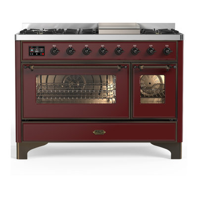 Cuisinière à carburant double de 48 pouces avec 5 brûleurs scellés, plaque chauffante et comptoir bourgogne de Majestic III Series (propane liquide, garniture brunie)