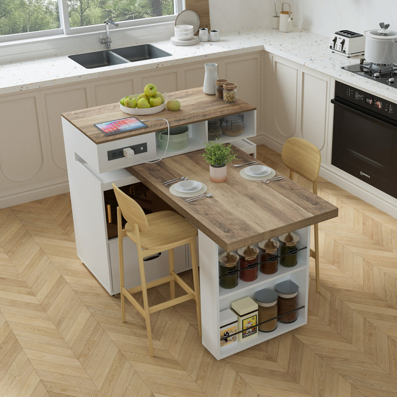 Îlot de cuisine mobile avec plateau de table rétractable, Chêne clair