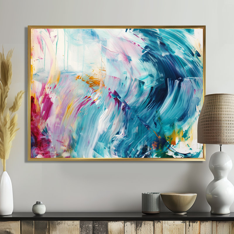 «Vibrant Waves Miami Sunset I - Abstract Modern Waves», art mural salon, Toile avec cadre flottant or