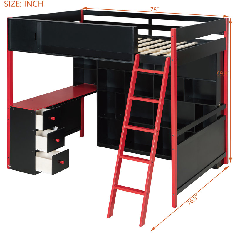 Lit mezzanine double en bois avec bureau, rangement intégré et lumière DEL, lit plateforme peu encombrant, rouge, Rouge