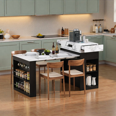 Kitchen Island With Extendable Dining Table, Drawers, Power Outlet, Wheels And Hooks