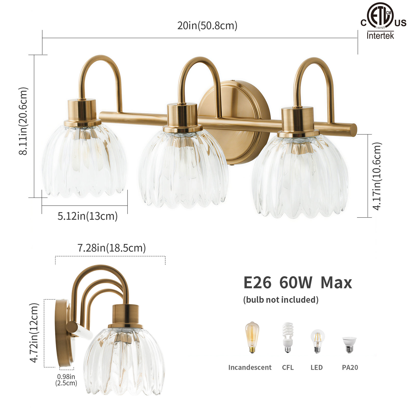 3-Light Antique Brass Vanity Light,Lotus Clear Glass, E26 Base, Bathroom Wall Mount