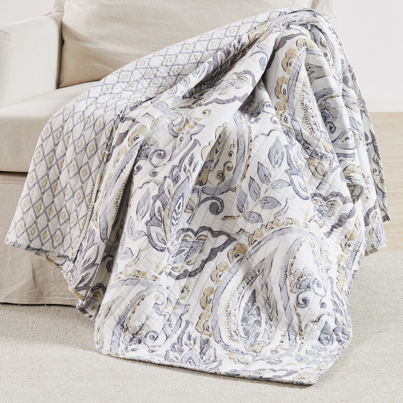 Tamsin Grey Reversible Cotton Quilted Throw with Paisley Design