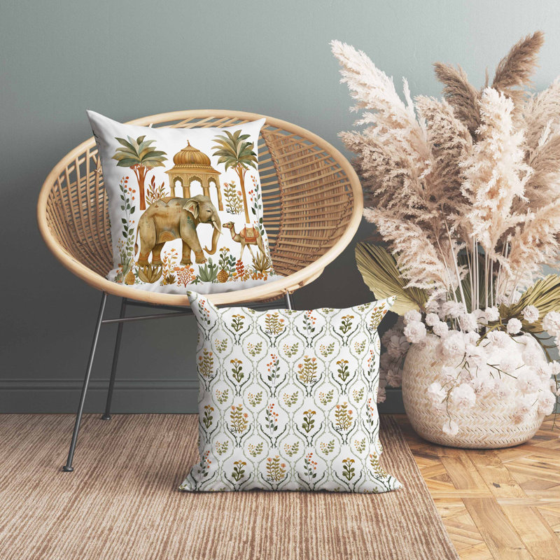 Oreiller en faux suède Royal Rajasthan, Blanc/vert, Carré 16 po