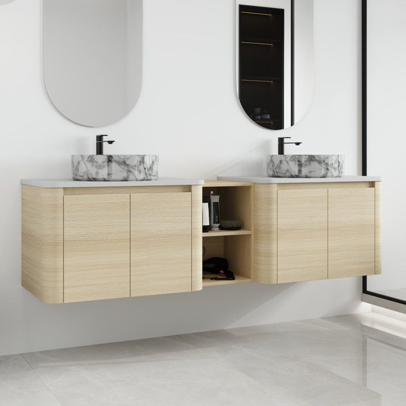 Ensemble de meuble-lavabo double mural 72 po avec lavabo en céramique et tablettes Greythor, ensemble de meuble-lavabo double 72 po avec plateau en pierre reconstituée