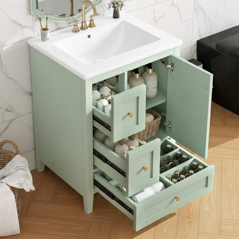 Meuble-lavabo de 24 po avec rangement, tablette réglable, panneau de fibres à densité moyenne, bois d'hévéa et cloisons amovibles
