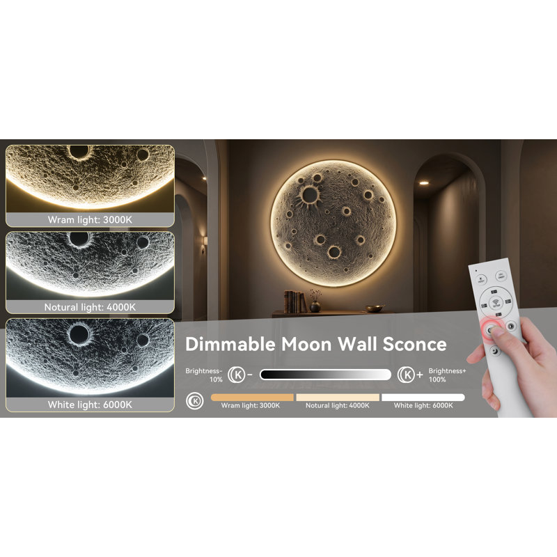 40-Inch Realistic Resin Moon Wall Light – Plug-In Dimmable LED Moon Sconce with Remote Control, 38 W Main & 15 W Night Light, Meteorite Crater Texture, 1.75″ Thick Wall-Mounted Décor for Home & Commer