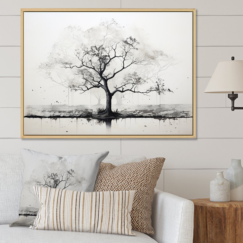 Baobab gris I, impression sur toile, Cadre flottant blanc, H 34 po x l 44 po x P 1,5 po