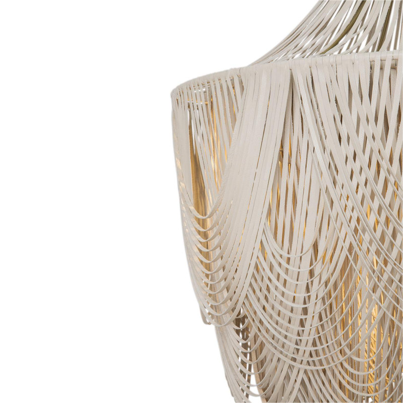 Large Leather Fringe Chandelier w/ Crown, 53" H x 36" W x 36" D, Cream