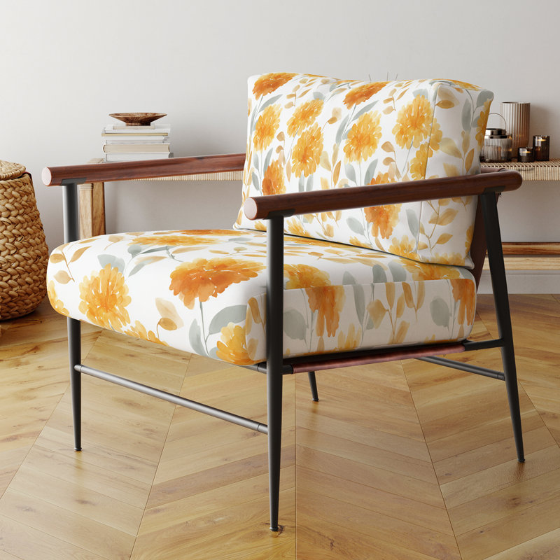 Fauteuil d'appoint floral - orange Marigold Mist, Bras ronds bruns
