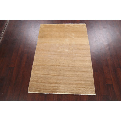 Tapis beige en laine noué à la main de conception unique 4 pi 2 po x 5 pi 11 po New Age